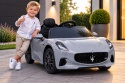Maserati GranTurismo SREBRNY Auto na akumulator, Skóra, Pilot, Światła, Muzyka, Koła EVA