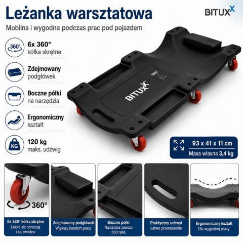 BITUXX Leżanka warsztatowa na kółkach 120 kg z półką na narzędzia i zdejmowanym podgłówkiem