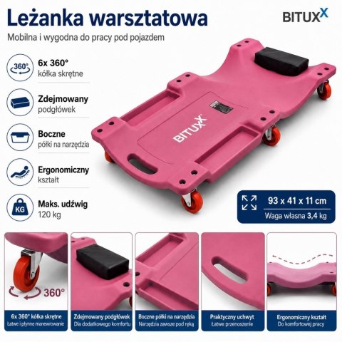BITUXX Leżanka warsztatowa na kółkach z półką 120 kg ergonomiczna montażowa deska warsztatowa do samochodu 6 kółek 360°