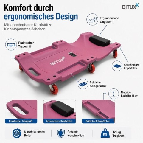 BITUXX Leżanka warsztatowa na kółkach z półką 120 kg ergonomiczna montażowa deska warsztatowa do samochodu 6 kółek 360°