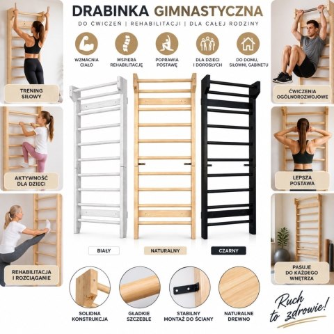 Drewniana drabinka gimnastyczna 195 × 80 cm do ćwiczeń i rehabilitacji - drabinka ścienna do domowej siłowni