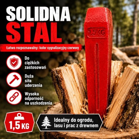 Klin do drewna rozłupujący 1,5kg mocny wytrzymały ze stali Czerwony