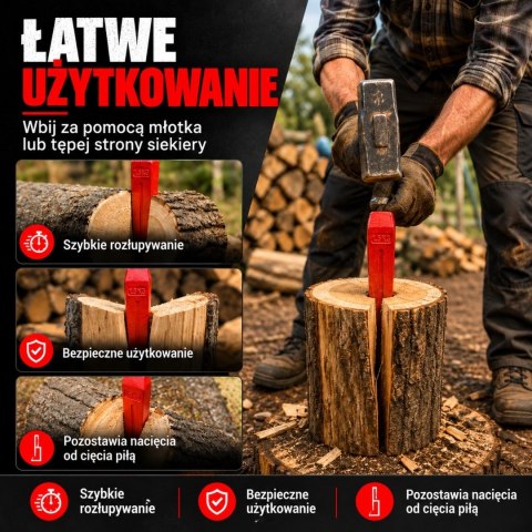 Klin do drewna rozłupujący 1,5kg mocny wytrzymały ze stali Czerwony