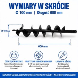 Wiertło glebowe 100 mm 600 mm do wiertnicy świder do ziemi stal solidne ogrodowe