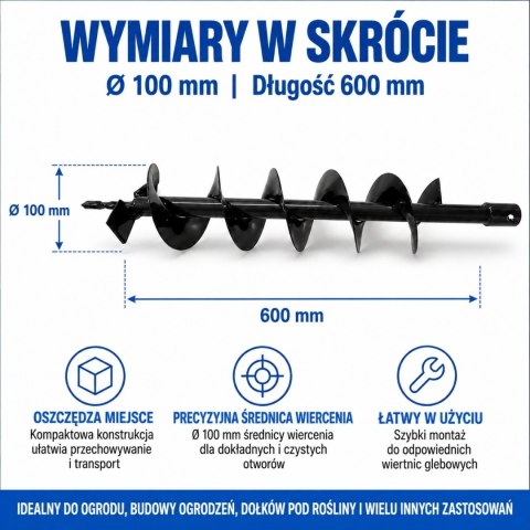 Wiertło glebowe 100 mm 600 mm do wiertnicy świder do ziemi stal solidne ogrodowe