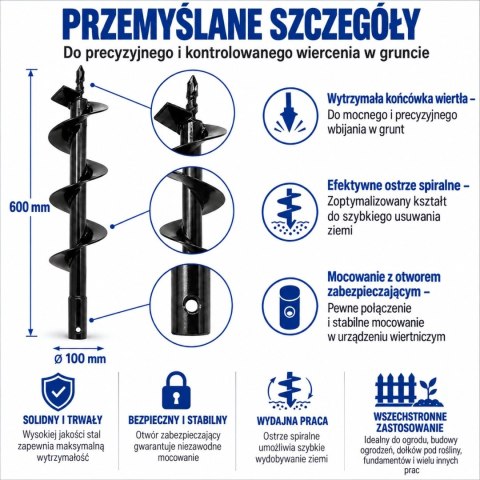 Wiertło glebowe 100 mm 600 mm do wiertnicy świder do ziemi stal solidne ogrodowe