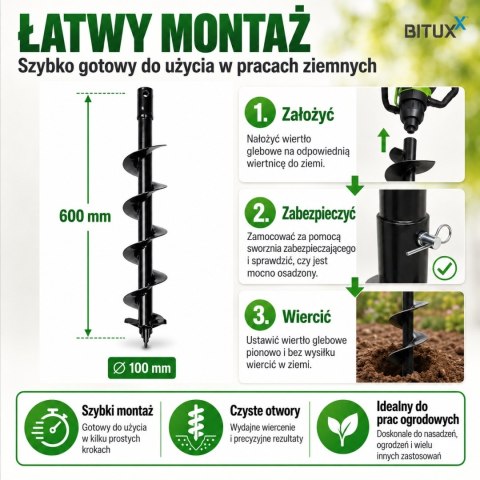 Wiertło glebowe 100 mm 600 mm do wiertnicy świder do ziemi stal solidne ogrodowe