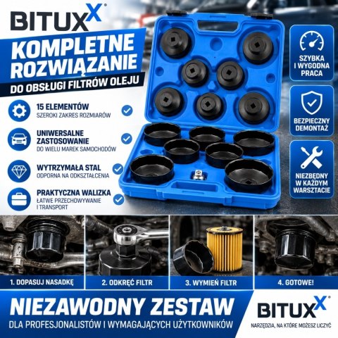 Zestaw narzędzi Kluczy Nasadowe Nasadki do filtrów oleju 15szt BITUXX