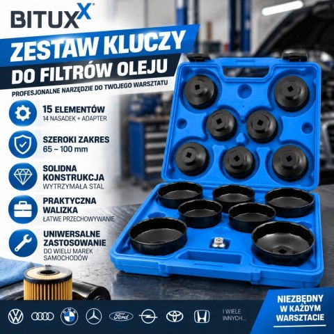 Zestaw narzędzi Kluczy Nasadowe Nasadki do filtrów oleju 15szt BITUXX