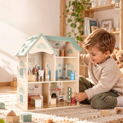 Domek dla lalek drewniany LULILO mebelki figurki 56cm miętowy