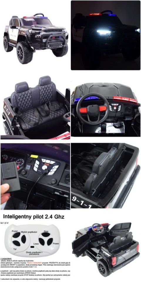 JEEP POLICYJNY NA AKUMULATOR, MIĘKKIE SIEDZENIE, MĘKKIE KOŁA. DLA 2 DZIECI 800W/JC604