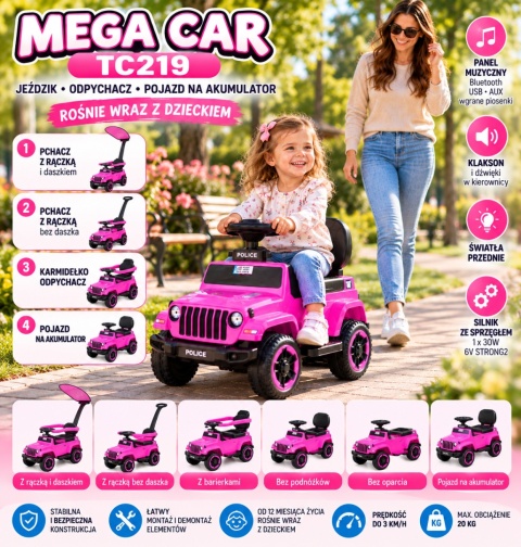 JEŹDZIK, ODPYCHACZ, POJAZD NA AKUMULATOR MEGA CAR - SPRZĘGŁO, DASZEK/TC219