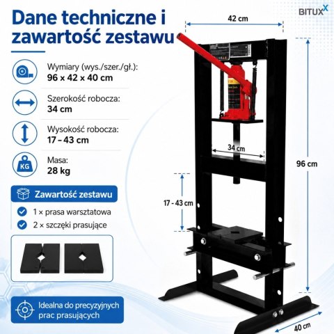 Prasa hydrauliczna warsztatowa 6t do tłoczenia i prostowania metalu 2 podkładki
