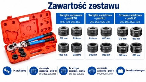 Praska do rur PEX ALU-PEX BITUXX 6 ton - zestaw 12 szczęk TH U V