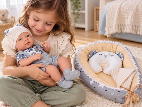 Lalka Bobas 40 cm + Nosidełko Poduszka Kocyk Zestaw do zabawy w dom ZA6622