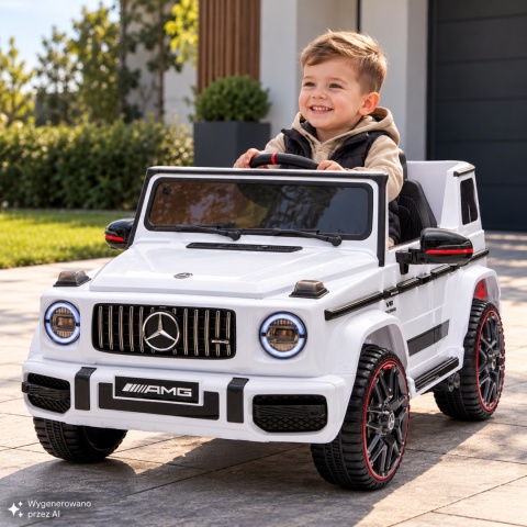 Auto na akumulator Mercedes AMG G63 4x4 BIAŁY Piankowe koła Eva, miękki fotelik Licencja