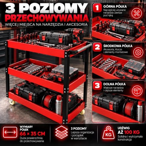 Wózek warsztatowy na narzędzia kolor czerwony na kółkach z raczka