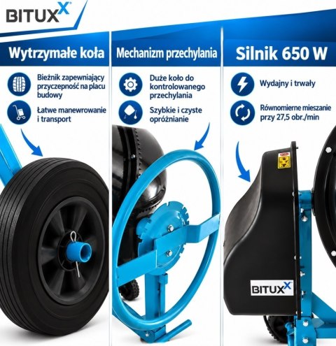 Betoniarka elektryczna BITUXX 160 l 650 W do betonu i zapraw