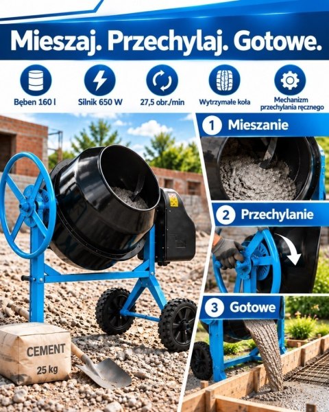 Betoniarka elektryczna BITUXX 160 l 650 W do betonu i zapraw
