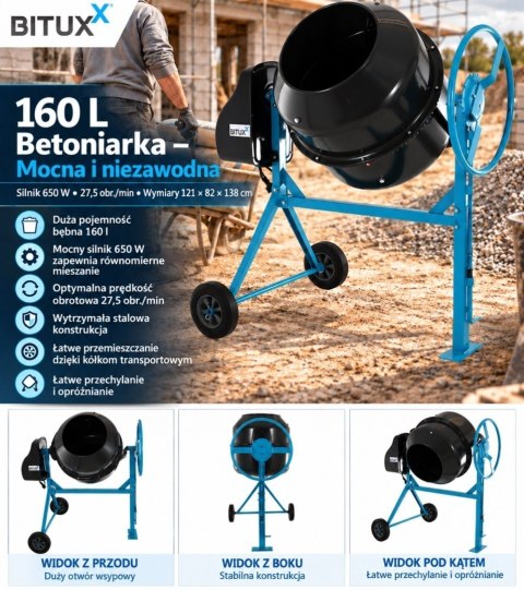 Betoniarka elektryczna BITUXX 160 l 650 W do betonu i zapraw