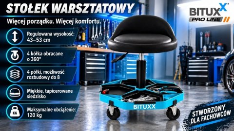 Stołek warsztatowy BITUXX Pro Line z regulacją wysokości 43-53 cm, wygodnym siedziskiem, 4 kółka