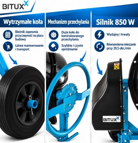 Betoniarka elektryczna BITUXX 200 l 850 W do betonu i zapraw