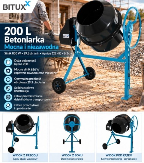 Betoniarka elektryczna BITUXX 200 l 850 W do betonu i zapraw