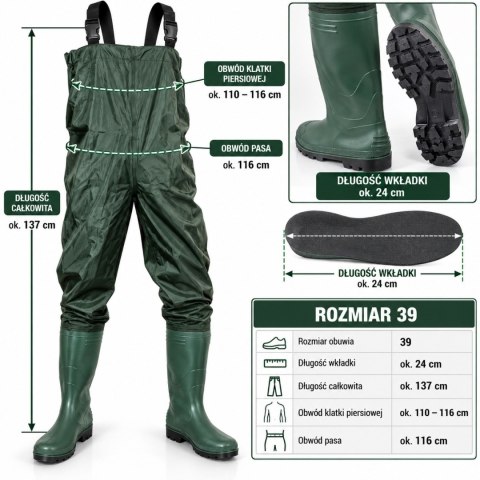 Wodery Wędkarskie rozmiar 39 Zielone wodoodporne Spodnie dla Wędkarza Rybaka