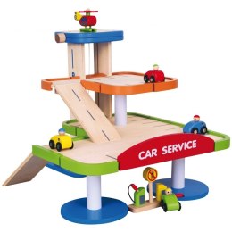 Drewniany Dwupoziomowy garaż z akcesoriami Car Service Viga Toys