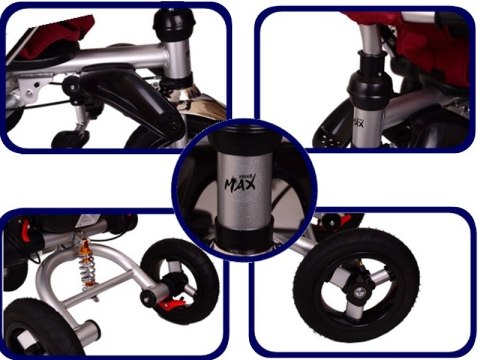 Rowerek trójkołowy MAX TRIKE z funkcją wolnego koła, kierownicy i możliwością rozłożenia oparcia.