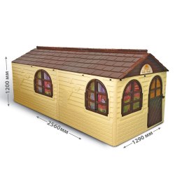 Duży domek ogrodowy z okiennicami, karniszami i zasłonami (02550-22)